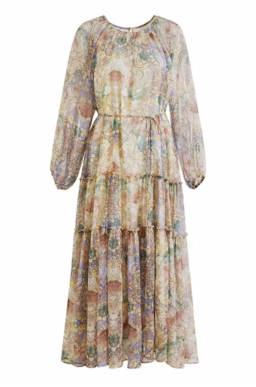 Rococo Floral Print Tiered Chiffon Maxi Dress for Resort Outings & Evening Gatherings