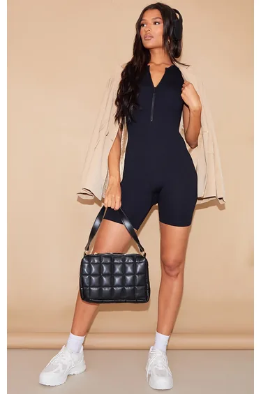 Black Contour Rib Short Sleeve Zip Front Unitard