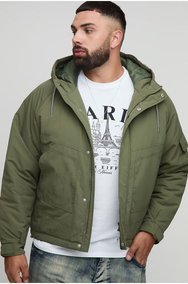Plus Regular Fit Seam Detail Hooded Parka - khaki