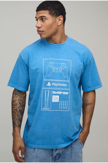 Oversized PlayStation License Washed Printed T-Shirt - blue