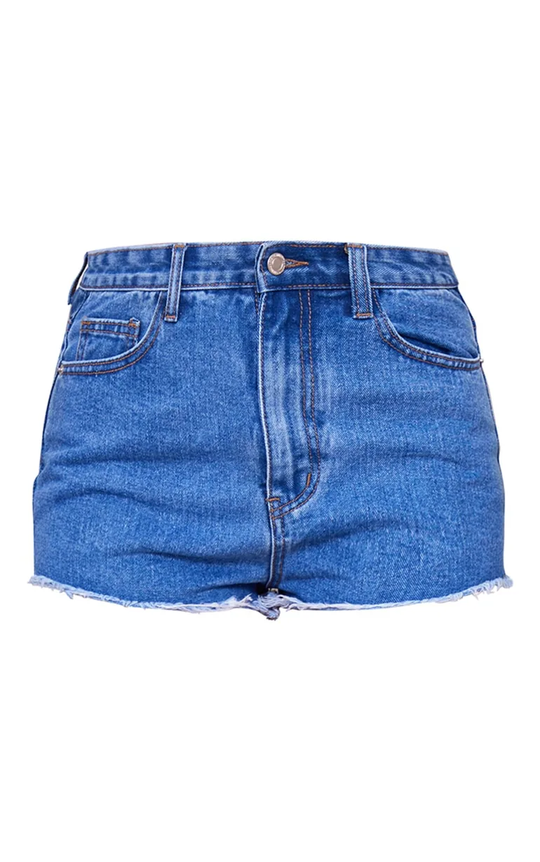 Mid Blue Wash Denim Frayed Hem Shorts - 5