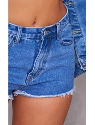 Mid Blue Wash Denim Frayed Hem Shorts - 4