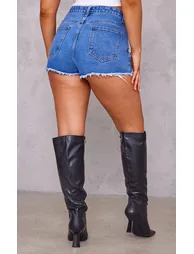 Mid Blue Wash Denim Frayed Hem Shorts - 2