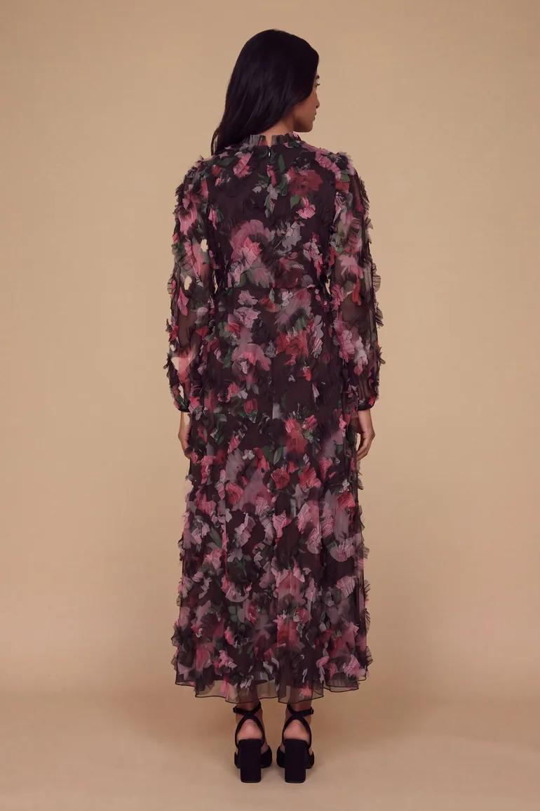 Petite Long Sleeve Printed Mesh Midi Dress - 1