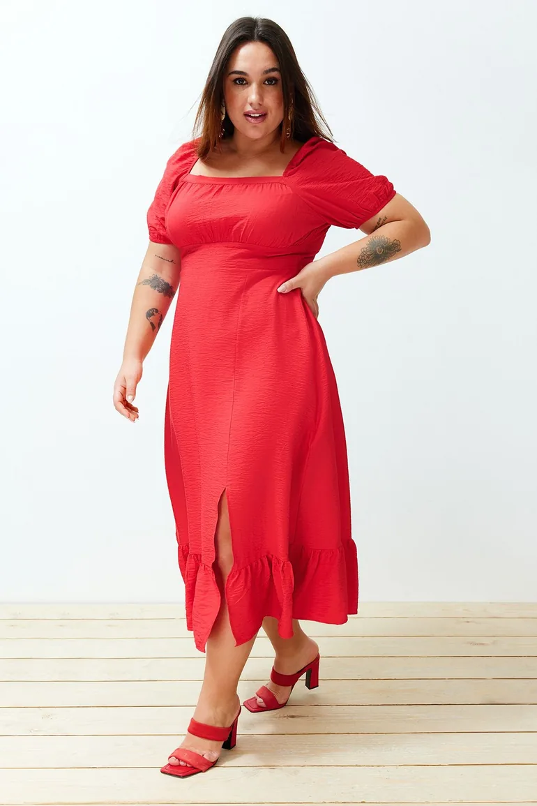 Trendyol Curve Plus Red A-Line Midaxi Dress