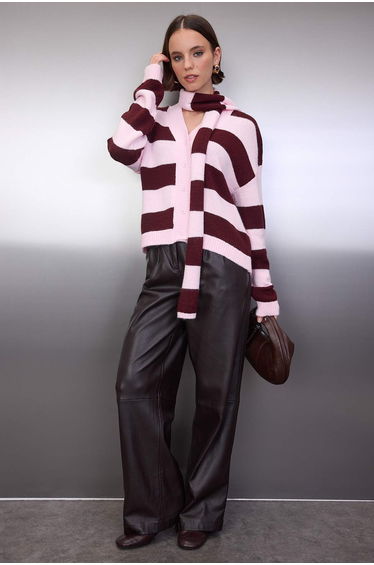 Pink shawl detailed soft textured oversize v-neck knit cardigan