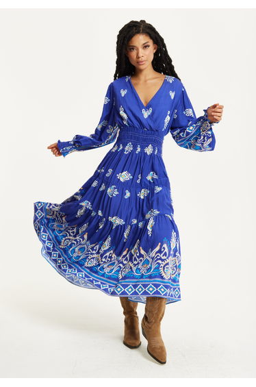 Boho Print Shirred Wrap Front Maxi Dress