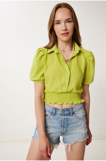 Women's Oil Green Balloon Sleeve Linen Crop Shirt Blouse