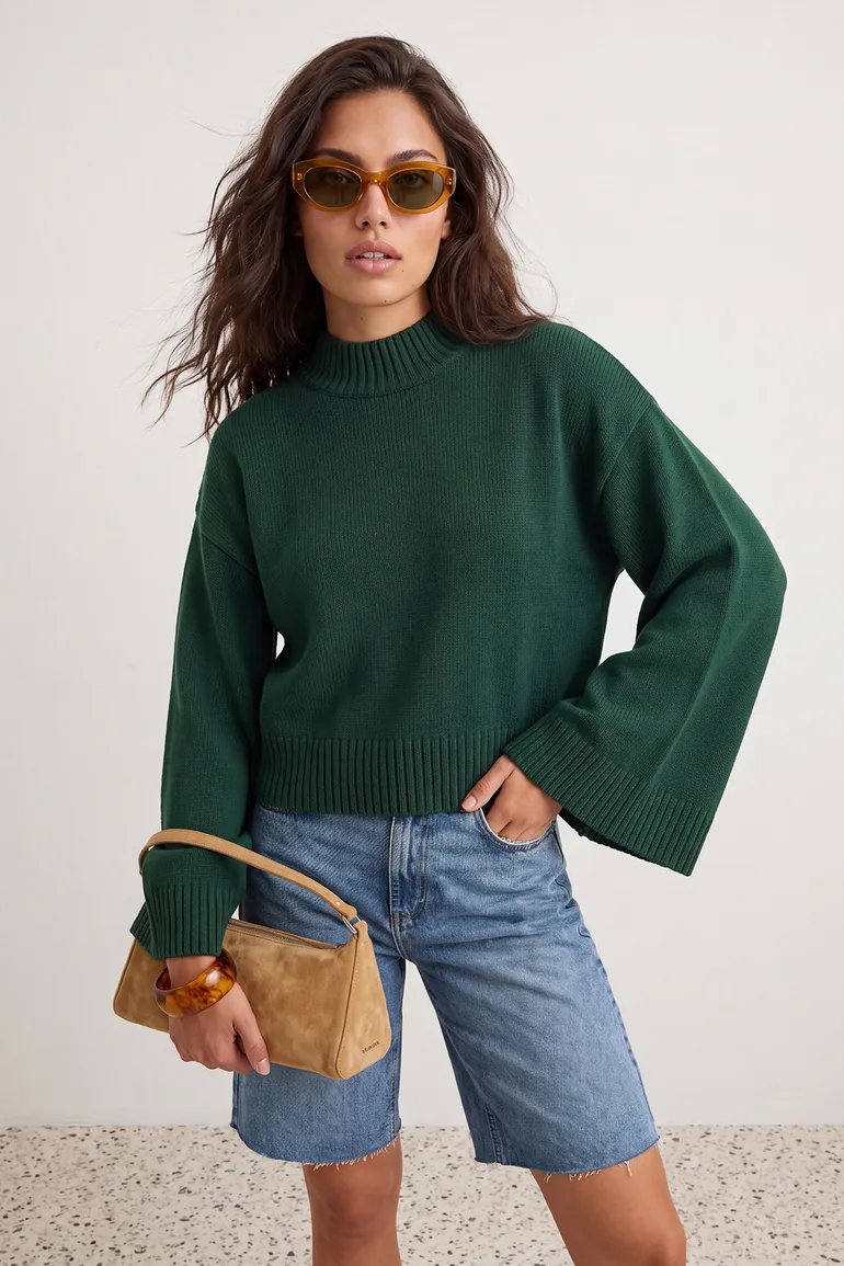 Emerald Green Wide Fit Spanish Sleeve Knitwear Sweater - 1