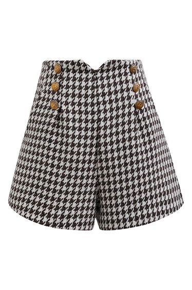 Metallic Houndstooth Golden Button Shorts in Brown