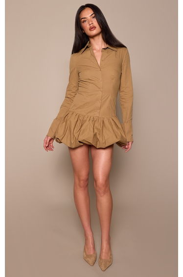 Khaki Button Down Puffball Detail Shirt Dress