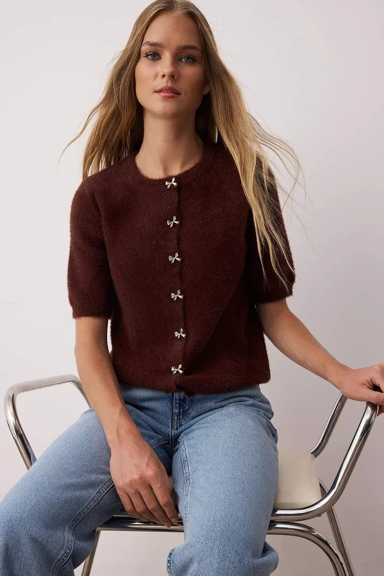 Brown Button Detailed Soft Texture Knit Cardigan