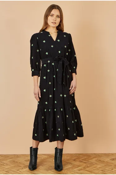 Yumi Black Flower Embroidery Cord Dress
