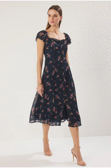 Navy Blue Floral Midi Lined Chiffon Woven Shirt Dress