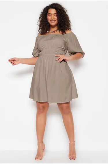 Mink Woven Carmen Collar Waist Detailed Dress