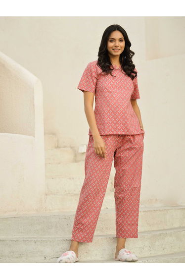 Printed Notch Neck Cotton Top and Pyjama Set