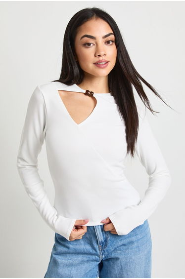 Rib Long Sleeve Keyhole Detail Top with Bead Trim - cream