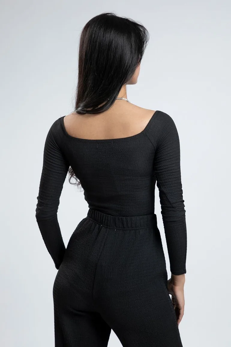Office Attire Cropped Bodycon Long Sleeve Blouse  Solid Textured Fabric - 2