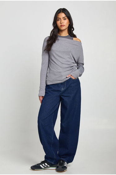 Sheer Textured 2 in 1 Long Sleece Top - charcoal