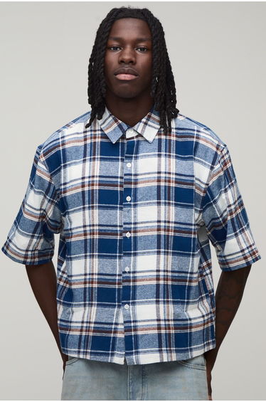 Oversized Boxy Half Sleeve Washed Varsity Check Shirt - navy