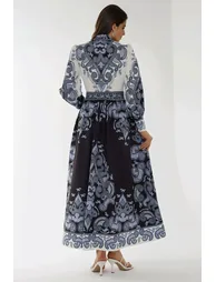 Printed Long Sleeve Maxi Dress with Belt - 5