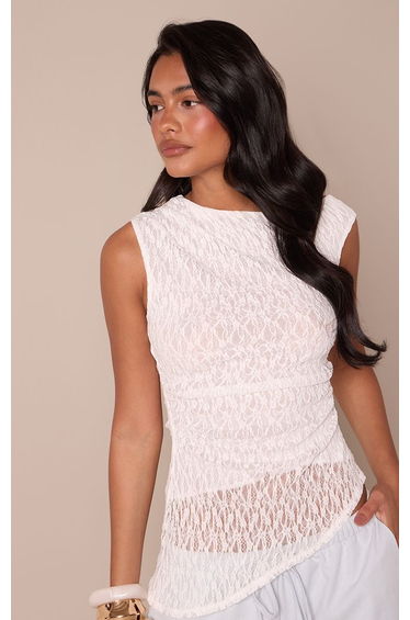 White Textured Lace Asymmetric Drapey Top