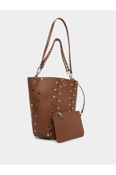 Brown Studded Bucket Bag with Detachable Pouch