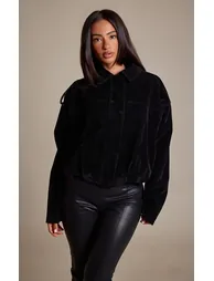 Petite Black Faux Suede Oversized Zip Up Jacket - 1