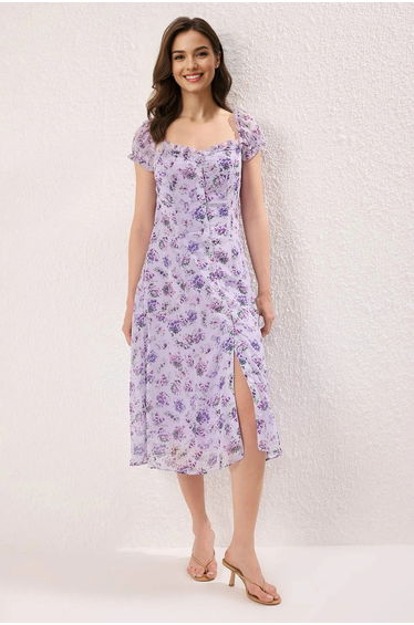 Lilac Floral Lined Chiffon Flowing Woven Midi Shirt Dress