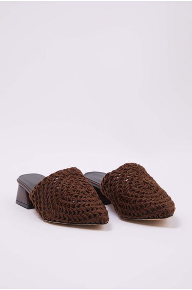Brown Knitted Mule Women's 3 cm Short Block Heeled Closed Front Slippers