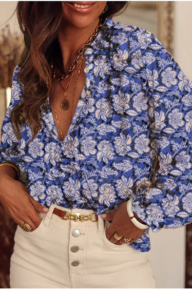 Lvness Sky Blue Floral Print Split Neck Pleated Puff Sleeve Blouse