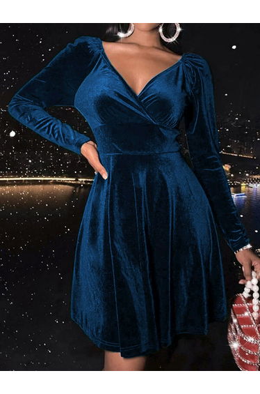 Women Blue Velvet Look V-Neck Mini Dress