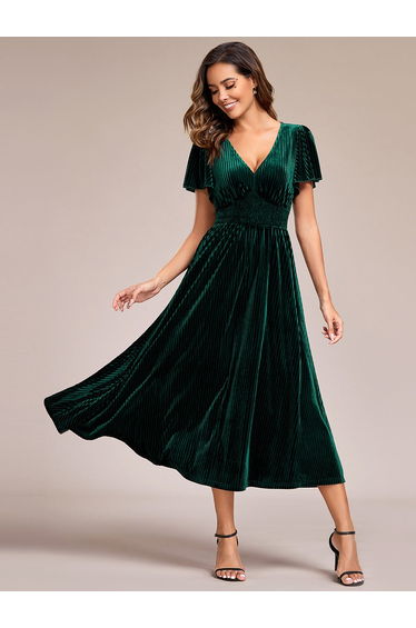 ever AZALEA|Graceful V-Neck Waist Design Short Sleeves Fall Velvet Midi Wedding Guest Dress