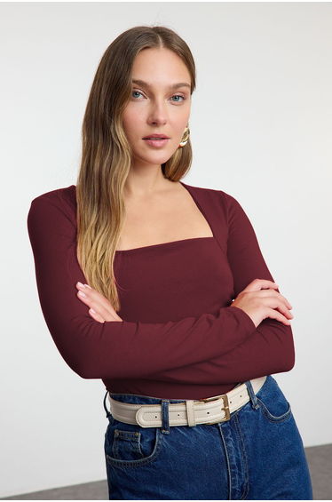 Dark Burgundy Square Neck Gathered/Drape Detailed Slim/Fits Body Knitted top
