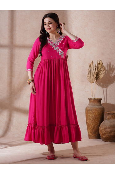 Pink Embroidered Scalloped Festive Maxi Dress