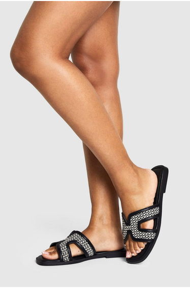 Wide Fit Contrast Raffia Cut Out Sliders - black