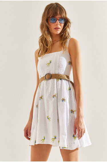Women's Lined Thick Strap Belted Guipure Dress
