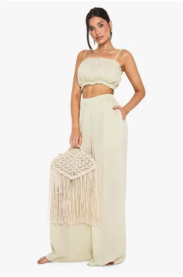 Tall Crinkle Palazzo Beach Co Ord - beige