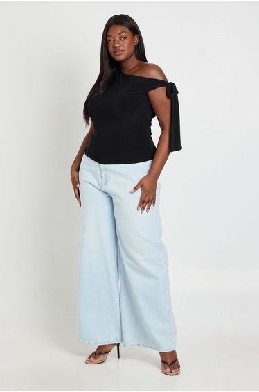 Plus Knot Detail Asymmetric One Shoulder Top - black