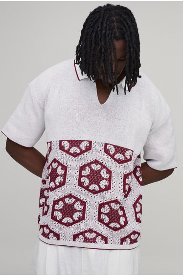 Tall Oversized Boxy Crochet Tapestry Knitted Polo - burgundy
