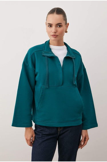 Petrol turtleneck zip-up knit sweatshirt with pockets - relaxed fit