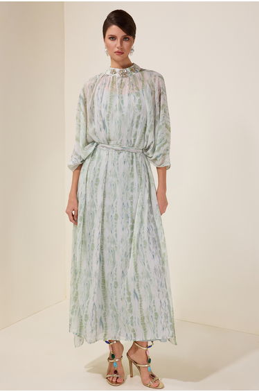 Rhinestone Batwing Sleeve Maxi Dress With Belt