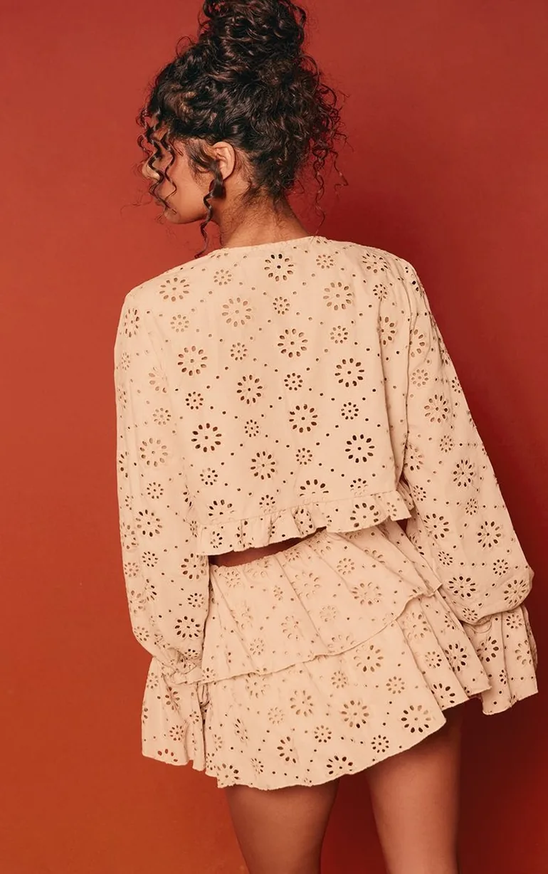 Stone Cotton Embroidered Long Sleeve Frill Top Co-ord - 1