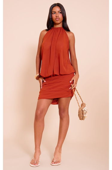 Petite Burnt Orange Ruched Sheer Chiffon Mini Dress