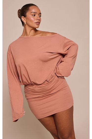 Shape Mocha Cotton Flare Sleeve Boat Neck Mini Dress