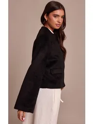 Black Brushed Wool Single Breasted Jacket - 1