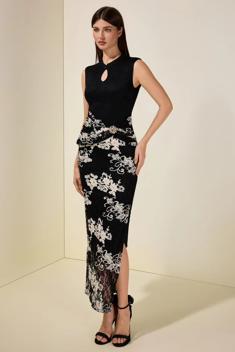 Lace Embroidered Stand Collar Midi Dress - 5