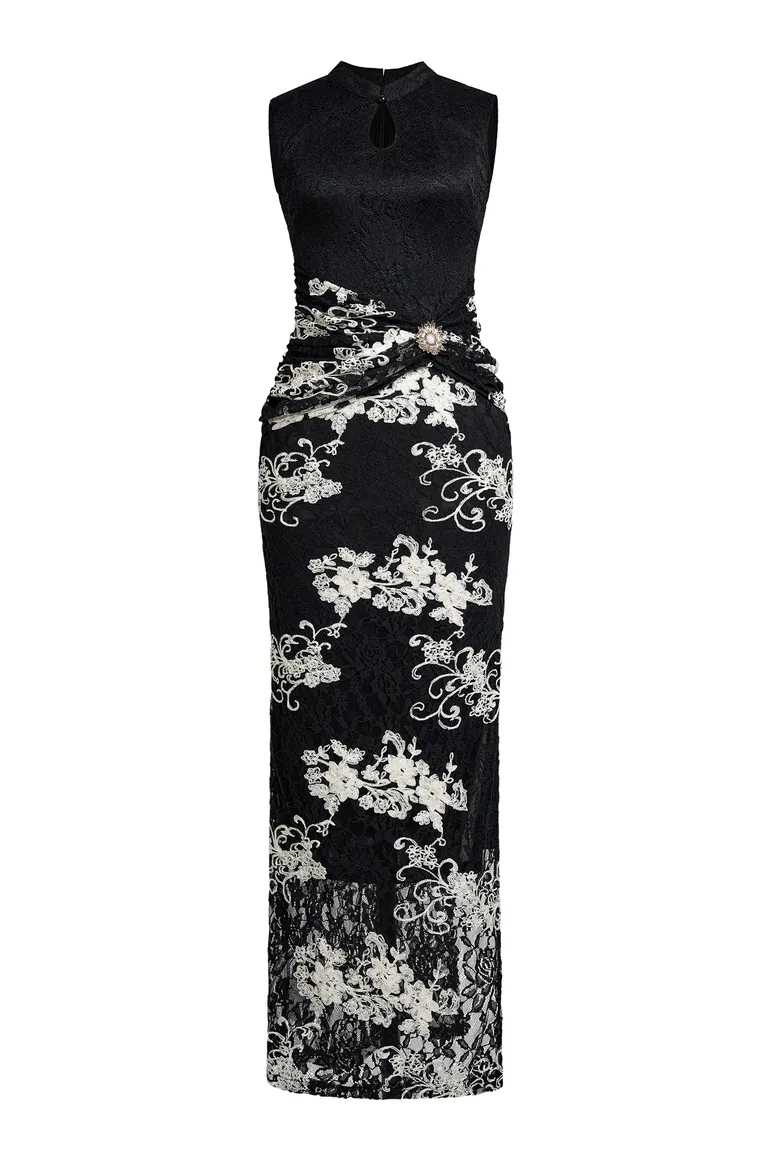 Lace Embroidered Stand Collar Midi Dress - 7
