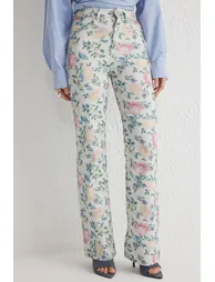 Multicolored Floral Print High Waist Wide Leg Jeans - 3