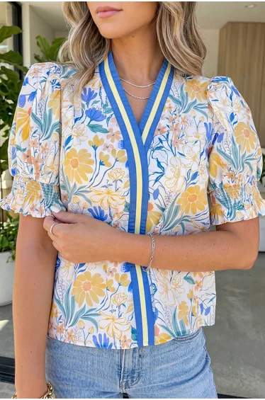 Lvness Yellow Floral Print Striped Trim V Neck Puff Sleeve Blouse